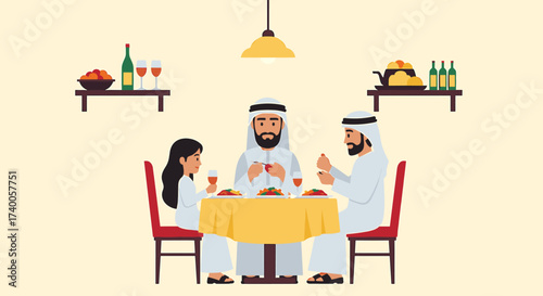 A family of three, dressed in traditional Arab clothing, is seated around a table enjoying a meal together.