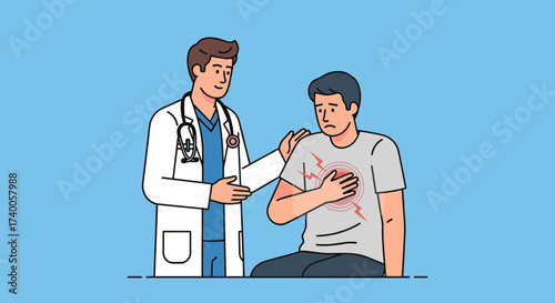Doctor comforting patient experiencing chest pain and heart issues