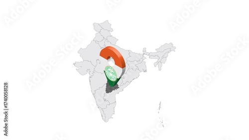 Location Telangana on map India. 3d Telangana emblem map marker location pin. Map of India showing different parts. 4K.  Animated Video