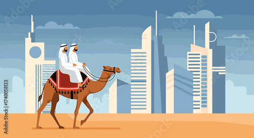 Two men in traditional clothing ride a camel across a desert landscape with a cityscape in the background.