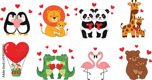 Cartoon animal love pairs with hearts featuring penguins, lions, pandas, giraffes, bears, flamingos, crocodiles, and hot air balloon