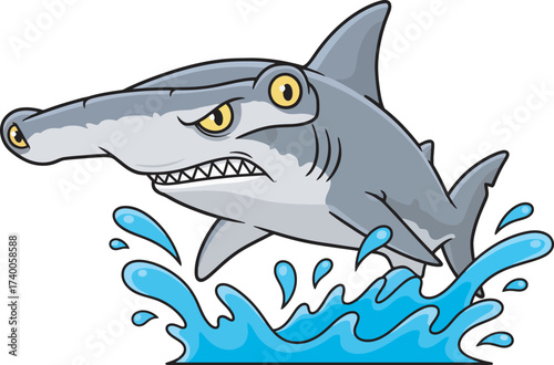 Cartoon hammerhead shark with an angry expression jumping out of blue water.