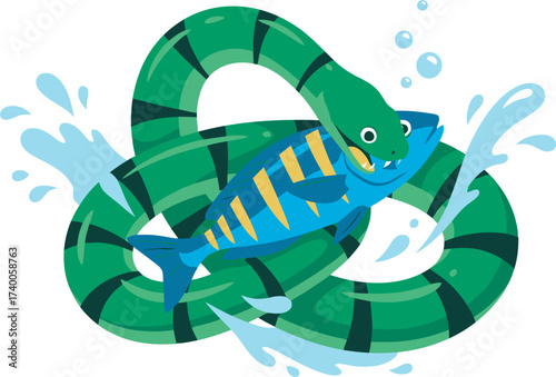 Cartoon illustration of a green snake constricting a blue and yellow fish in water.