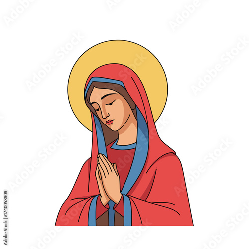 Mary praying with hands clasped and head bowed in sacred pose  