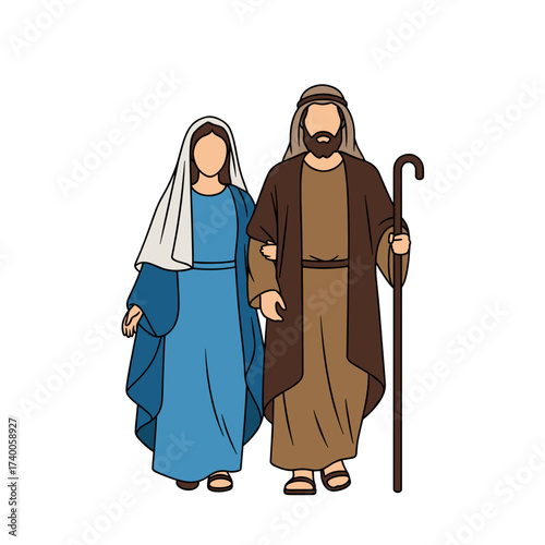 Mary and Joseph walking together in traditional biblical attire  