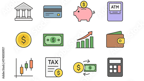 Financial icons illustrating banking, savings, investments, and economic concepts
