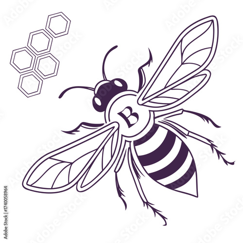 Bee with honeycomb outline drawing