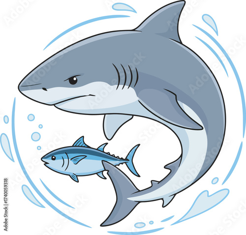 Cartoon illustration of a shark circling a smaller fish within a swirling water design.