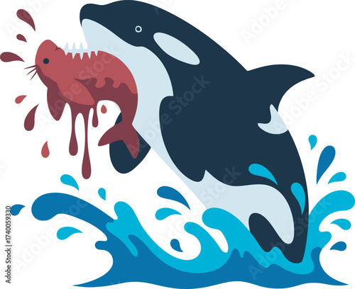 A stylized illustration of an orca leaping out of water, consuming a smaller animal.