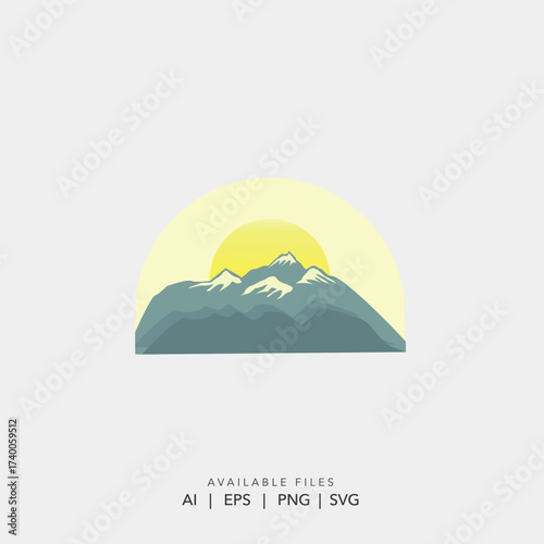 Minimalist mountain sun logo vector template, Retro hipster outdoor adventure travel emblem, Modern flat nature landscape sunrise icon design