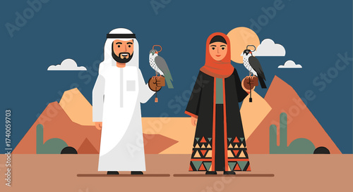 Two people in traditional attire holding falcons, set against a desert landscape.