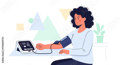 Woman checking her blood pressure at home with a digital monitor