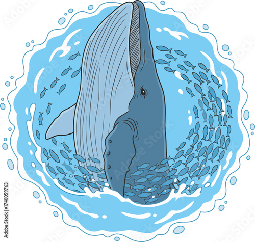 Cartoon illustration of a blue whale feeding in the ocean, surrounded by a school of small fish and water splashes.