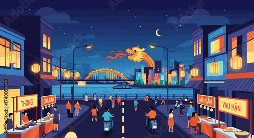 Vibrant City Night Market Scene With Dragon Fire Breath Over River Bridge
