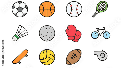 Colorful sports equipment icons Soccer ball, basketball, baseball, tennis, shuttlecock, golf, boxing, bike, skateboard, volleyball, rugby, whistle