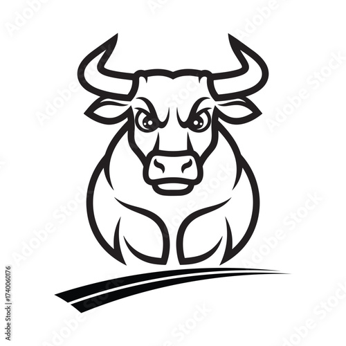 powerful black and white bull front view with curved horns and bold lines – strong animal vector illustration on white background.