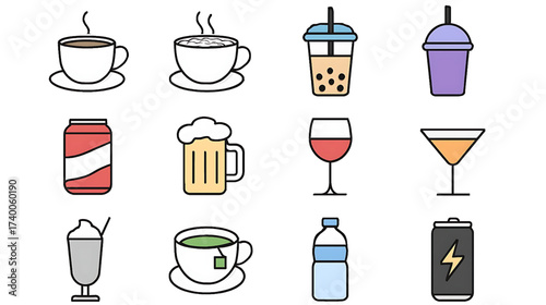 Collection of popular beverages and drinks, including coffee, tea, soda, and alcoholic beverages, presented in a clean, modern graphic style
