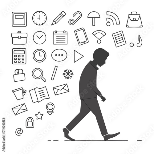 Overwhelmed business person walking away from icons