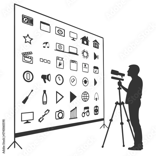 Person viewing large icon graphic wall