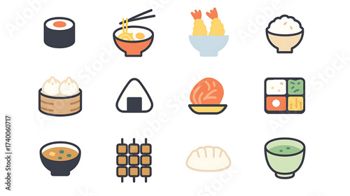 Colorful flat design vector icons representing a variety of popular Japanese and Asian food, including sushi, ramen, and traditional dishes