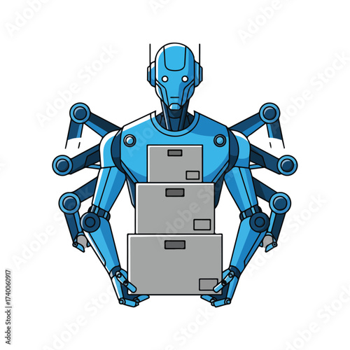 Blue Robot Carrying Stack of Boxes
