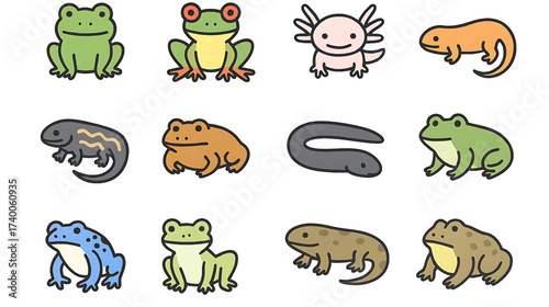 Collection of diverse frog and salamander species, showcasing amphibian variety in a playful, illustrative style