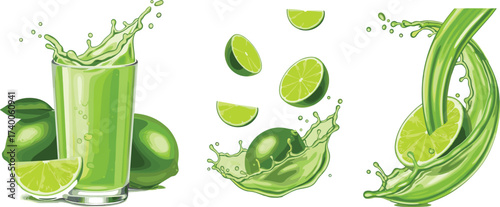 Green lime juice splash with whole and sliced limes, refreshing citrus beverage concept for summer, health, drink, and freshness themes