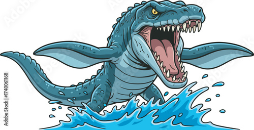 Cartoon illustration of a blue mosasaur emerging from water with its mouth open, showing teeth and tongue.