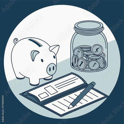 Piggy bank coins checkbook illustration