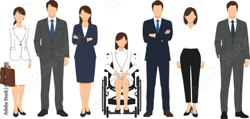 Inclusive business team with wheelchair user, workplace diversity, professional attire, equal opportunity, career unity, corporate representation, leadership and accessibility