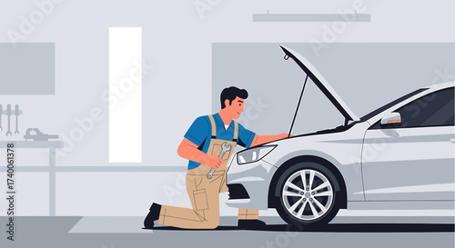 A mechanic kneels inspecting a car engine under the open hood in a garage.