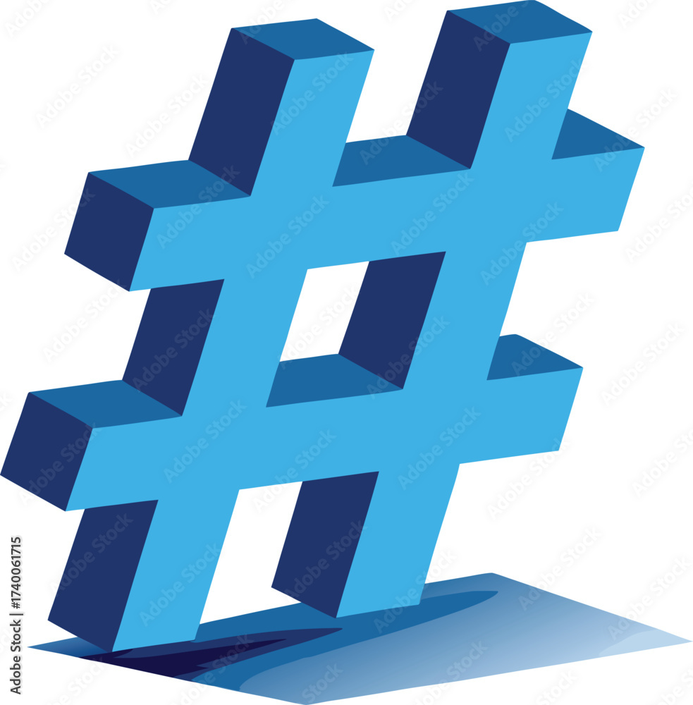 Obraz premium 3 D blue hashtag symbol casting a shadow on a icon isolated on white transparent background vector eps png jpg business people clipping path cutout 2025 2026 4k full hd poster banner label download