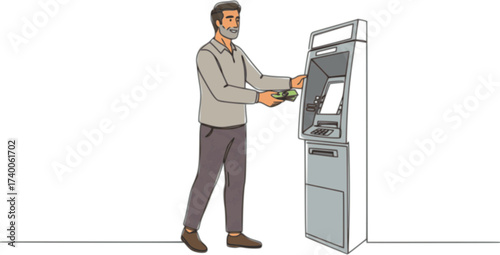Continuous line of man taking money from the ATM, Handsome man taking money from the ATM. Professional illustration isolated on white background.
