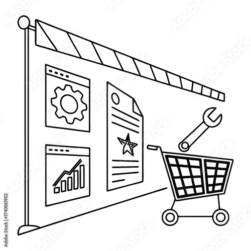 Project management illustration with shopping cart