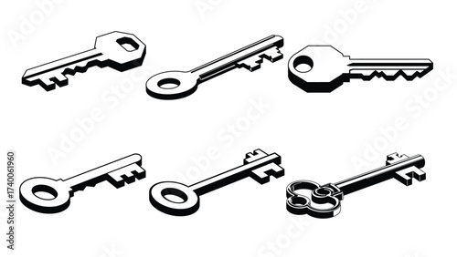 Angled 3D black  silhouette vector illustration of a classic key icon with cut teeth, representing access, security, unlocking and authorization for business systems”