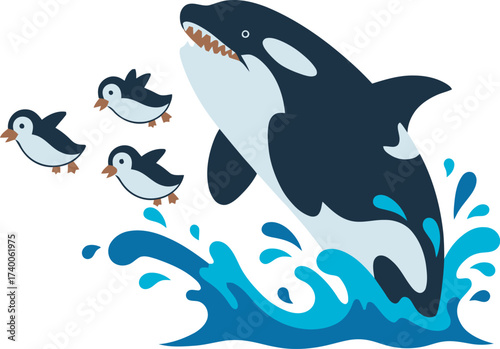 A cartoon illustration of an orca leaping from water chasing three penguins.