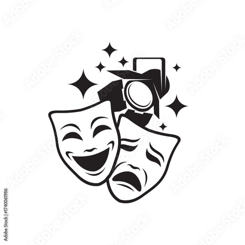 icon of comedy and tragedy theatrical masks with spotlight isolated on white background