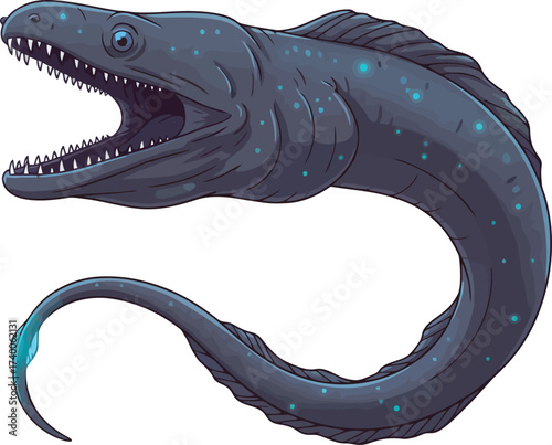 A stylized illustration of a large, dark-colored moray eel with open jaws, showcasing its teeth.