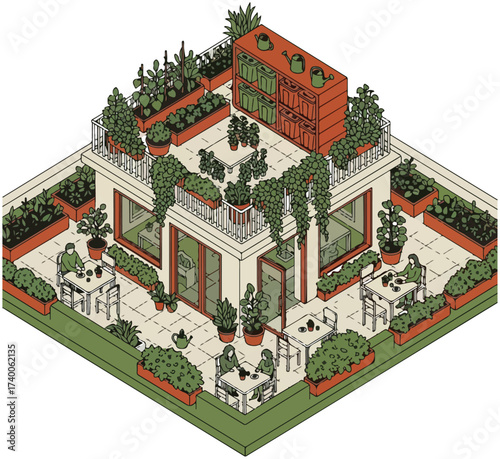 Isometric Rooftop Garden Illustration With People Relaxing