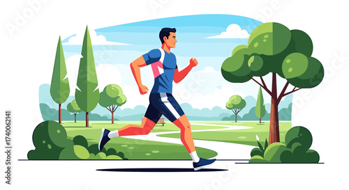 Man running on a path in a park with trees and bushes, enjoying a healthy outdoor activity.