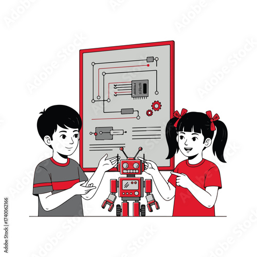 Kids Building Robot Vector Illustration Scene