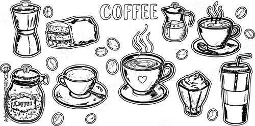 Whimsical breakfast doodles. Vintage hand drawn icons with la dolce vita aesthetic in simple crayon and sketch style. Trendy art for menus and dinner brunch invitations. Ink vector illustration