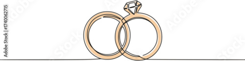 One continuous line drawing of Wedding rings. Romantic elegance concept and symbol proposal engagement and love marriage in simple linear style. Editable stroke. Outline vector illustration