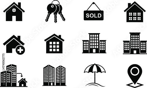 Real Estate and Property Icons – Vector Silhouettes of Homes, Buildings, Keys, Sold Signs, Relocation, Healthcare, and Vacation Symbols
