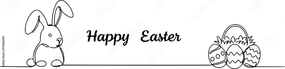 Obraz premium Continuous one single minimal line drawing easter, Easter Bunny Continuous Single Line Drawing with Happy Easter Greeting. 