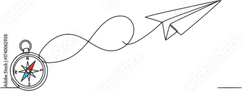 Traveller compass and paper plane in one continuous line drawing. Map guide and new adventure symbol in simple linear style. Business strategy concept in editable stroke. Doodle vector illustration