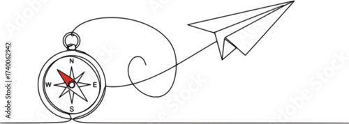 Traveller compass and paper plane in one continuous line drawing. Map guide and new adventure symbol in simple linear style. Business strategy concept in editable stroke. Doodle vector illustration