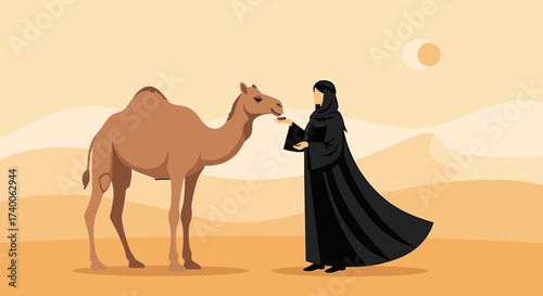 Woman in abaya feeding a camel in a desert landscape, with sun in the sky.