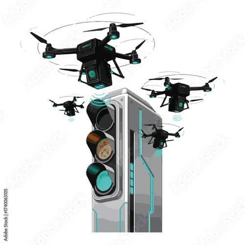 Traffic Light With Drones Vector Illustration