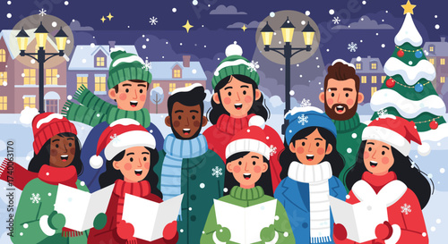 A Diverse Group of People Singing Christmas Carols Outdoors